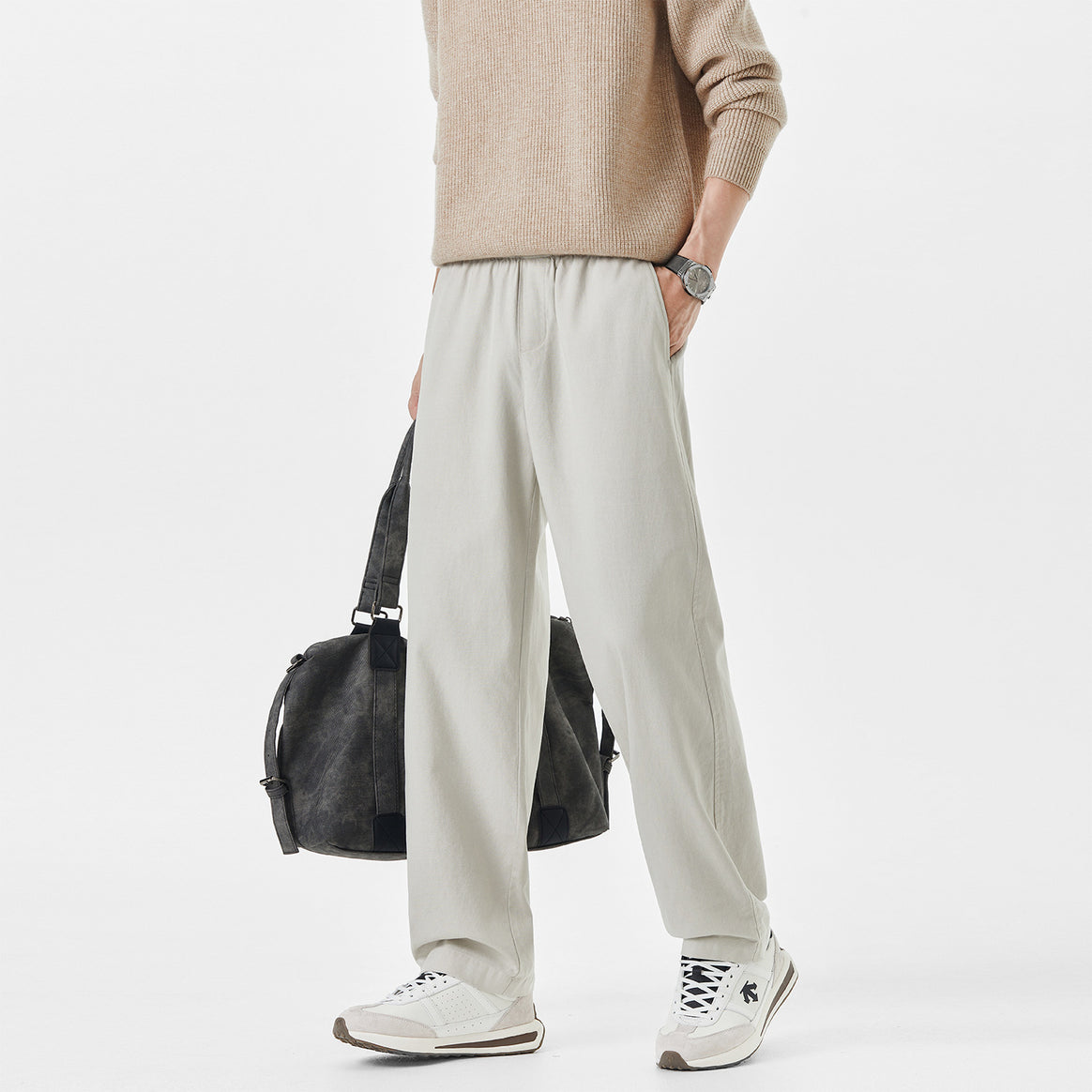 Men's Relaxed Cotton Pants with Elastic Waistband and Wide Leg Mune Fashion