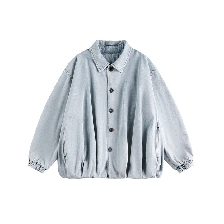 Unisex Lightweight Oversized Denim Jacket with Shirt Collar, Elastic Hem and Raglan Sleeves Mune Fashion