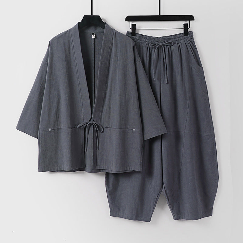 Unisex Modern Kimono Lounge Set made of soft cotton blend with short jacket, drawstring pants and ruffled ankles Mune Fashion