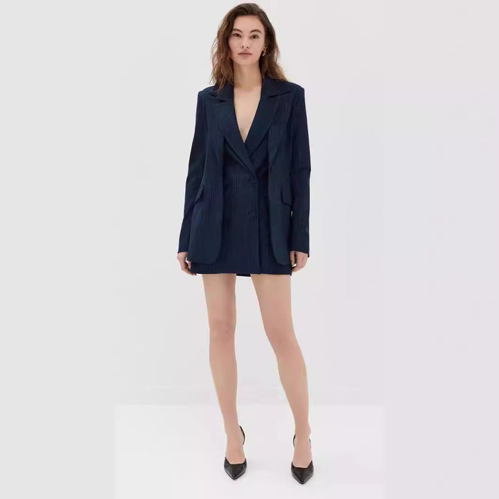 Women's mini blazer dress in pinstripe tailoring with deep shawl collar Mune Fashion