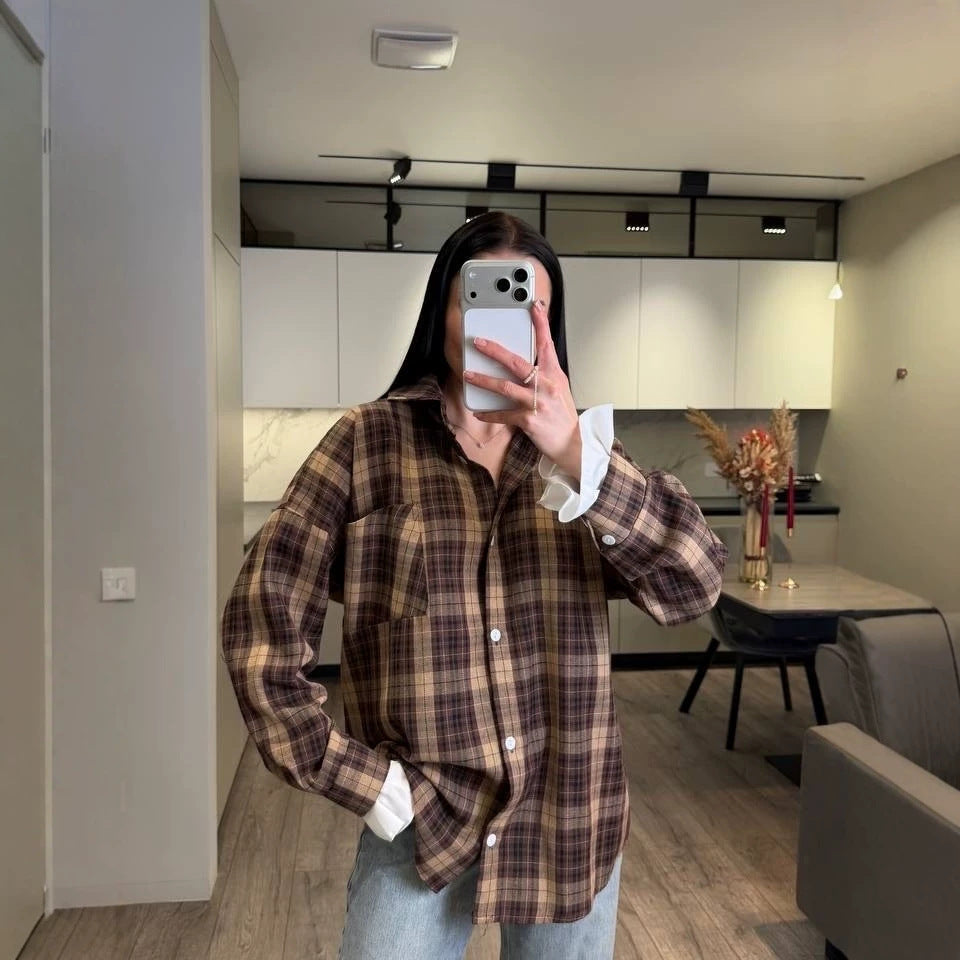 Women Checked Flannel Overshirt with Shirt Collar, Relaxed Fit and Patch Chest Pocket Mune Fashion