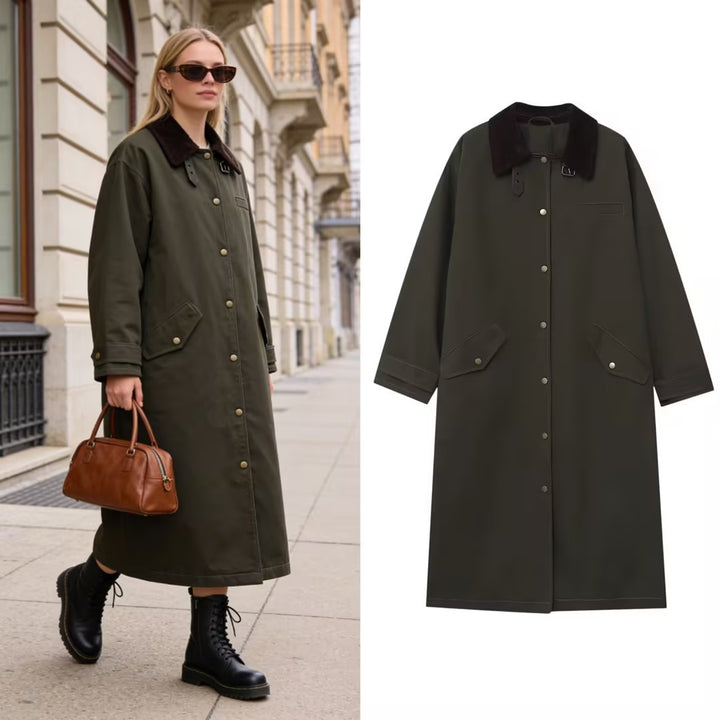 Women’s Long Waterproof Oversized Coat with Cord Collar, Snap Button Placket and Flap Pockets Mune Fashion