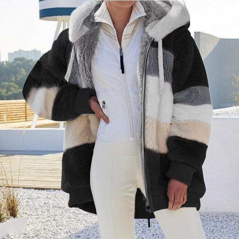 Women's Oversize Teddy Fur Hooded Jacket with Color Block Stripes, High-Quality Zipper and Ribbed Cuffs Mune Fashion