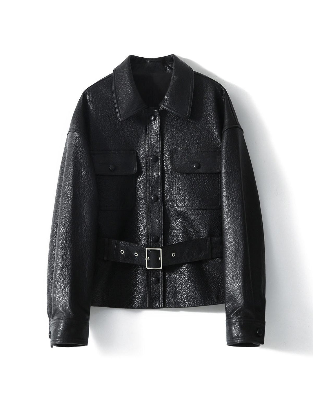 Women's short jacket made of textured leather with waist belt and press studs Mune Fashion