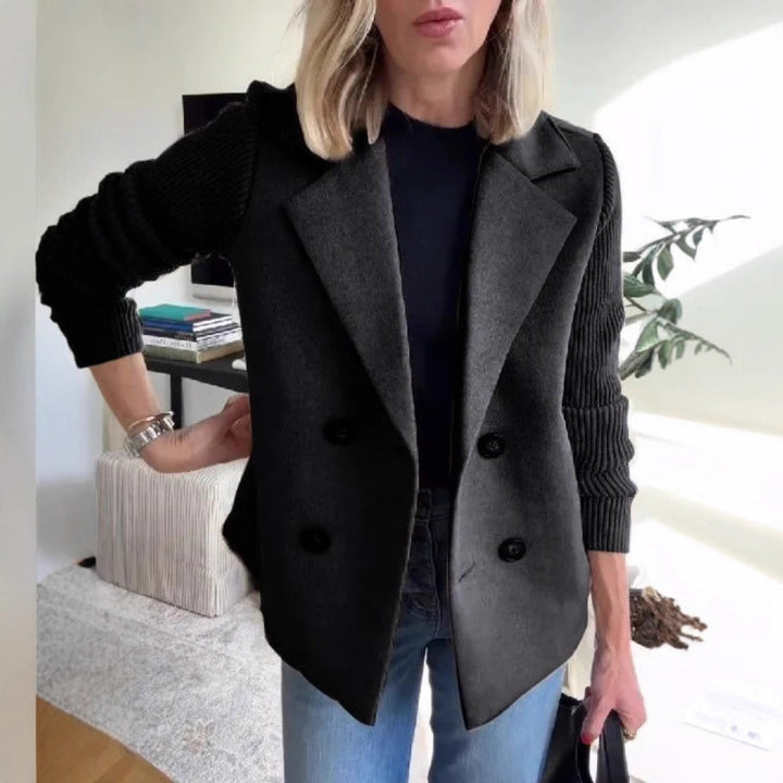Women's Double-breasted Blazer Vest with Wide Lapels and Ribbed Knit Sleeves Mune Fashion