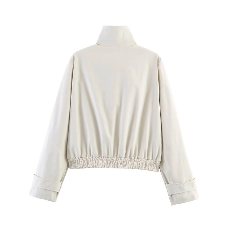 Women's short-cut bomber jacket with stand-up collar, snap button placket, and elastic hem Mune Fashion