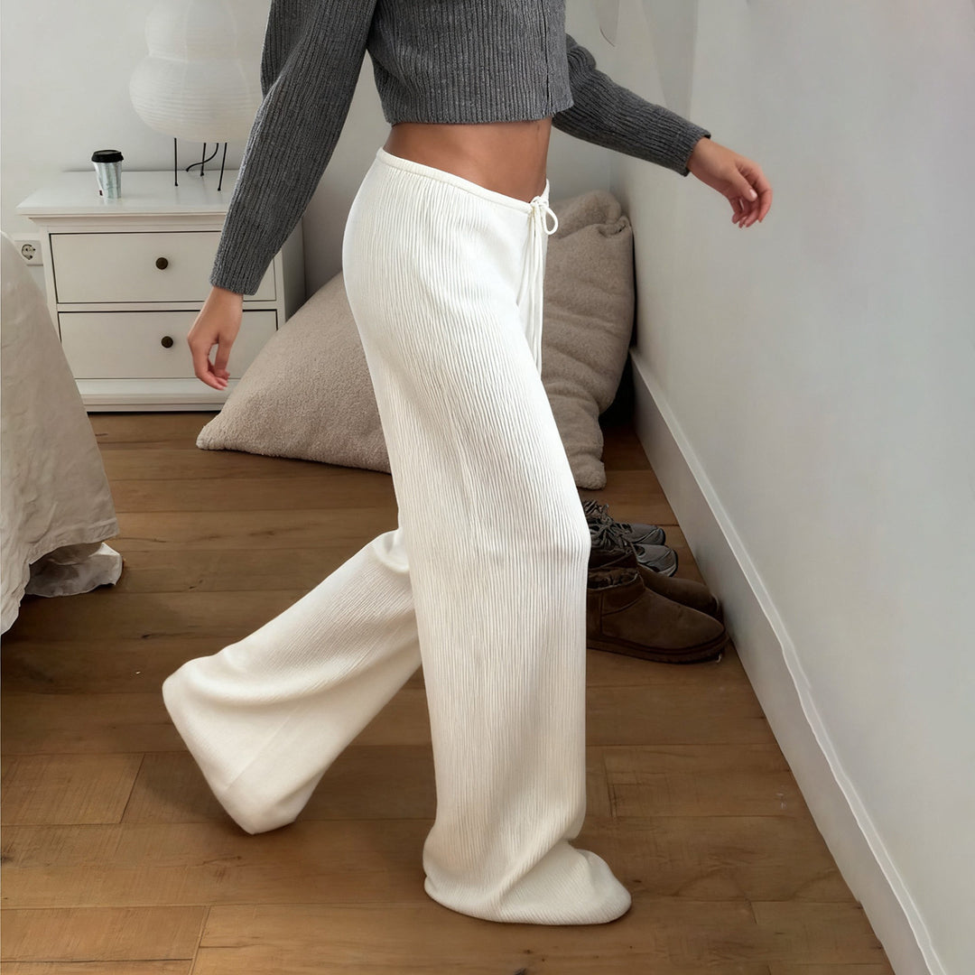 Women's casual lounge pants with wide leg, elastic drawstring waistband and fine ribbed knit Mune Fashion