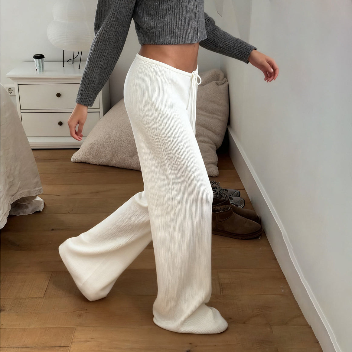 Women's casual lounge pants with wide leg, elastic drawstring waistband and fine ribbed knit Mune Fashion