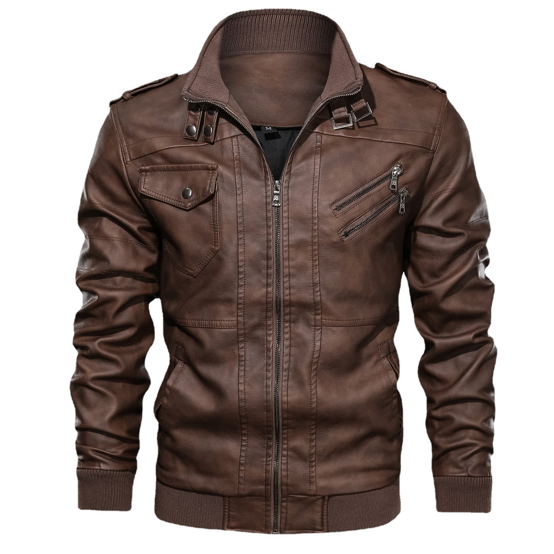 Men's biker pilot jacket made of faux leather with high collar, shoulder flaps, and ribbed cuffs Mune Fashion