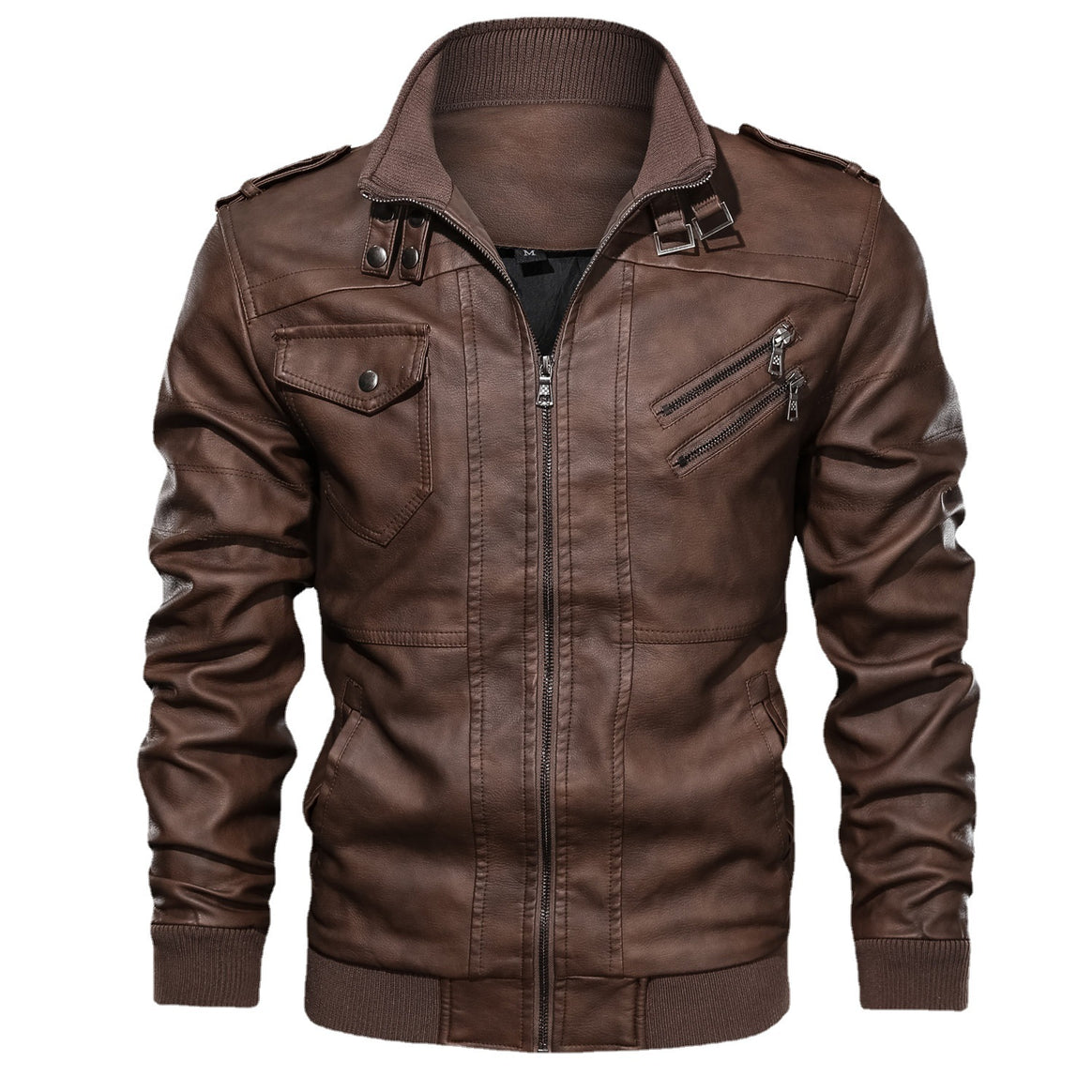 Men's Leather Bomber Jacket in Aviator Style with Stand Collar and Ribbed Cuffs Mune Fashion