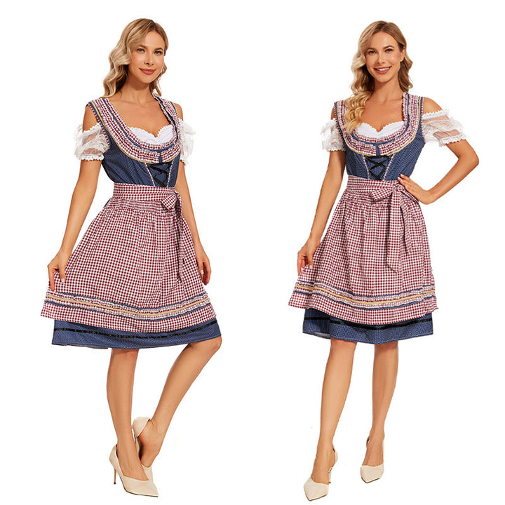 Ladies traditional dirndl dress with laced bodice, lace sleeves and checkered apron Mune Fashion