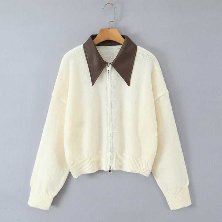 Women's 10+ Oversized Cardigan with Two-Way Zipper and Pointed Contrast Collar Mune Fashion