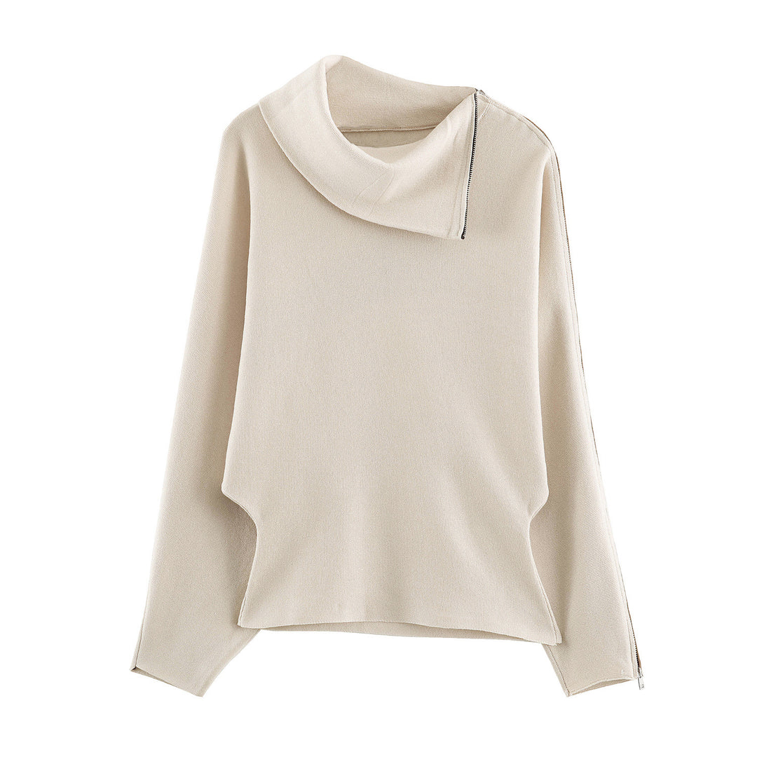 Women's Asymmetrical Fine Knit Sweater with Shawl Collar, Shoulder Zipper and Zipper Sleeves Mune Fashion