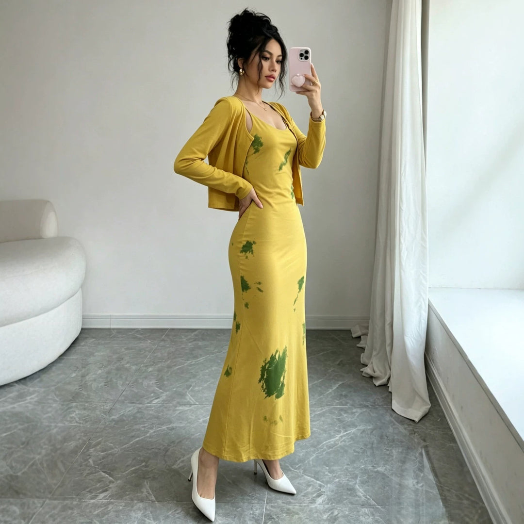 Women’s Midi Dress Set with Short Cardigan and Figure-Flattering Silhouette Mune Fashion