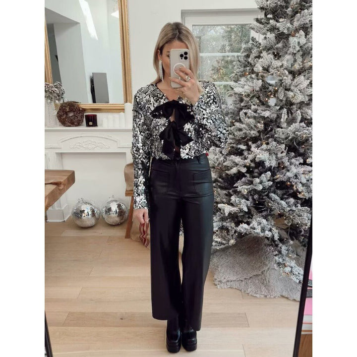 Women’s Short Cut Sequin Bolero Jacket with Triple Satin Bows and Lined Interior Mune Fashion