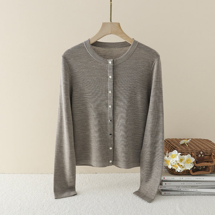 Ladies Lightweight Fine Knit Cardigan with Round Neck, Slim Fit and Subtle Button Placket Mune Fashion