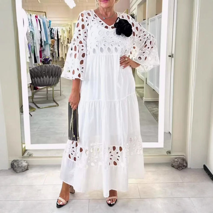 Women's maxi dress with openwork embroidery, V-neck, wide bell sleeves, and tiered hem Mune Fashion