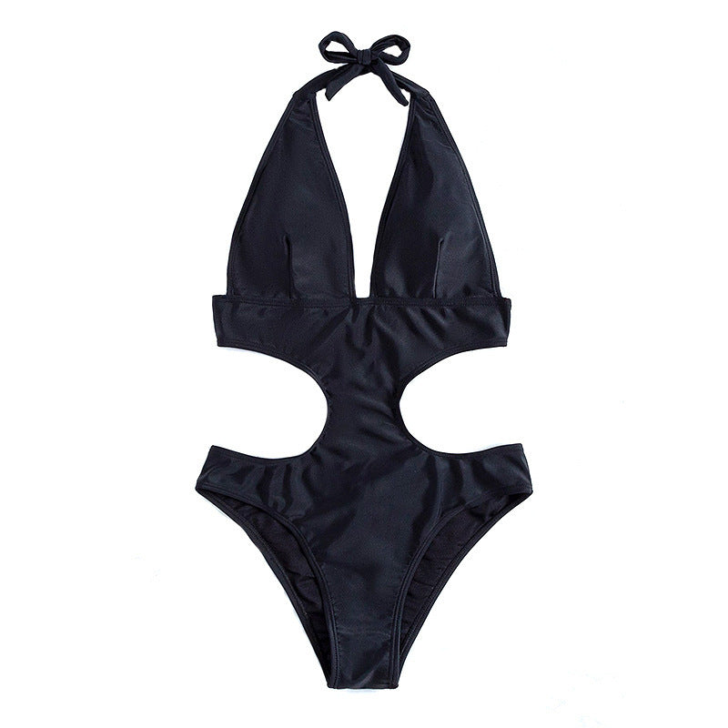 Women's one-piece swimsuit with deep V-neck and side cut-out.