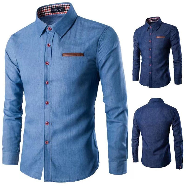 Men's Slim-Fit Denim Shirt with Chest Pocket and Checked Collar Lining Mune Fashion