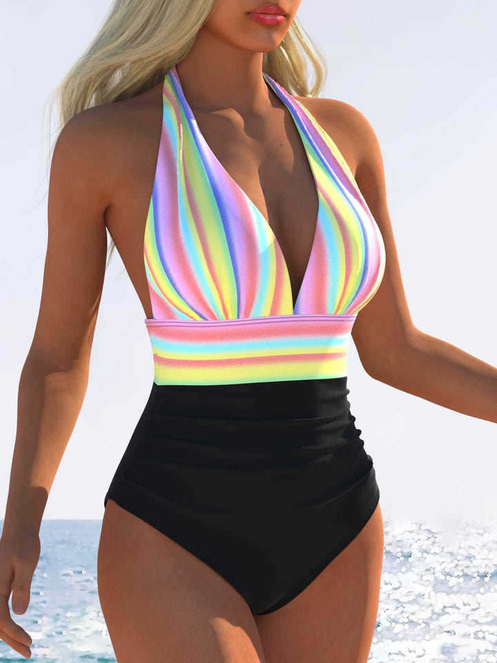 Women's one-piece swimsuit with floral V-neckline and high waistband Mune Fashion