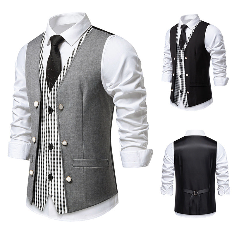 Men's two-piece layered vest with contrasting checkered inner leg and decorative mother-of-pearl buttons Mune Fashion