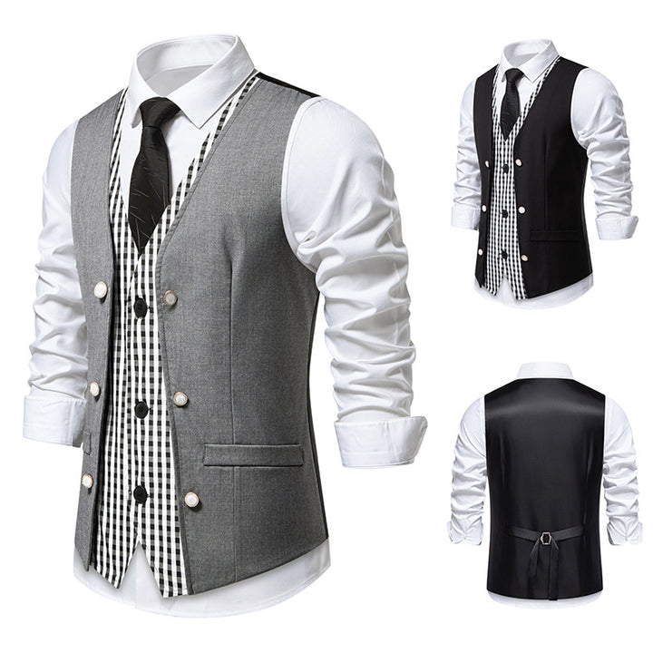 Men's two-piece layered vest with contrasting checkered inner leg and decorative mother-of-pearl buttons Mune Fashion