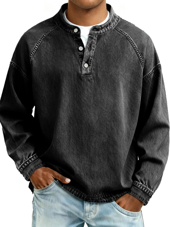 Men's faded Henley shirt with stand-up collar, loose fit and button placket Mune Fashion