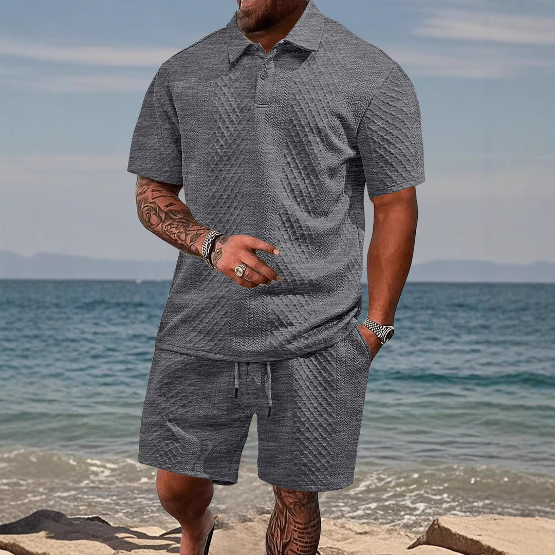 Men's embossed beach ensemble with open short sleeve shirt and cord Bermuda Mune Fashion