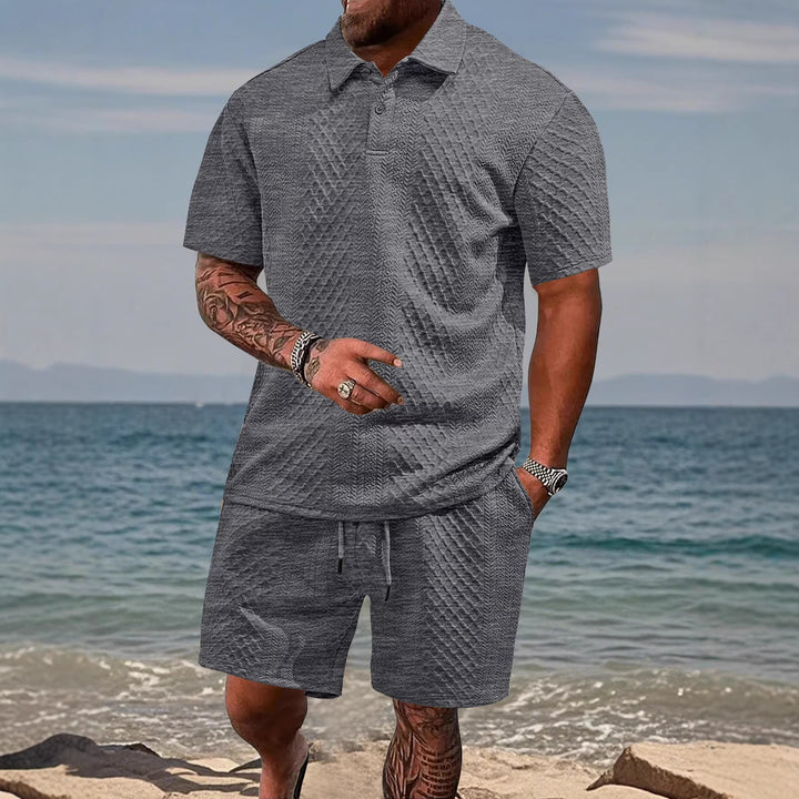 Men's embossed beach ensemble with open short sleeve shirt and cord Bermuda Mune Fashion