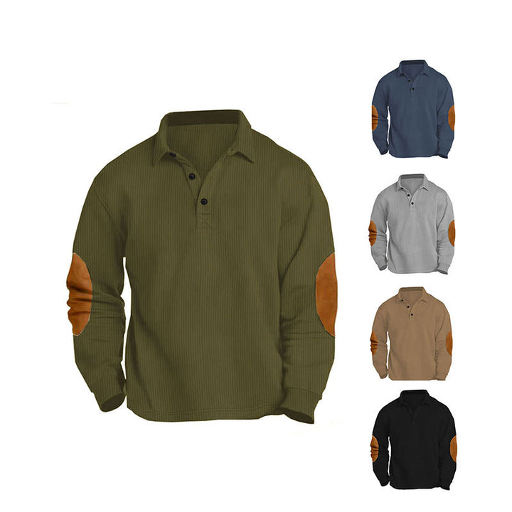 Men's nan legeres long sleeve polo shirt with shirt collar, short button placket, fine texture and velour elbow patches Mune Fashion