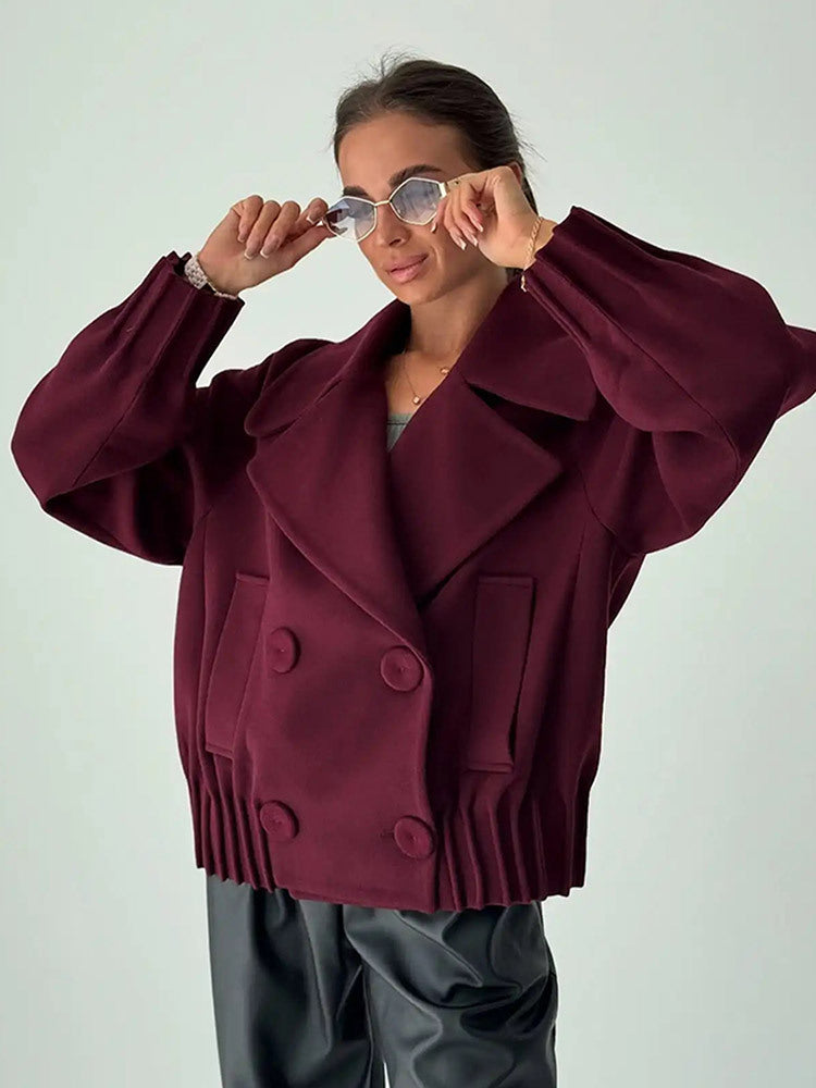 Women's Short Boxy Wool Coat with Oversized Shawl Collar, Double Button Placket and Ribbed Cuff Mune Fashion