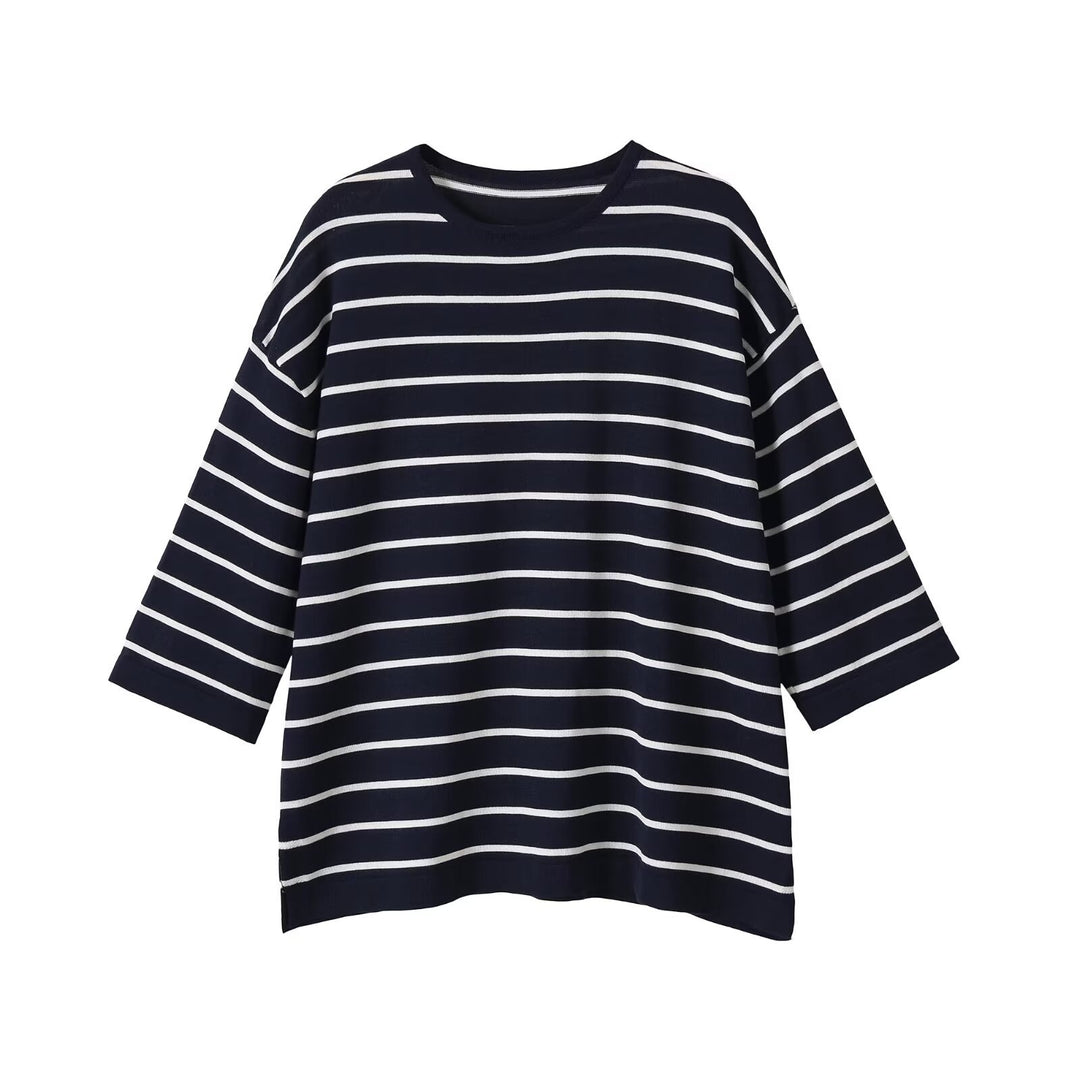Women's Oversize Striped Shirt with Boat Neck and 3/4 Sleeves Mune Fashion