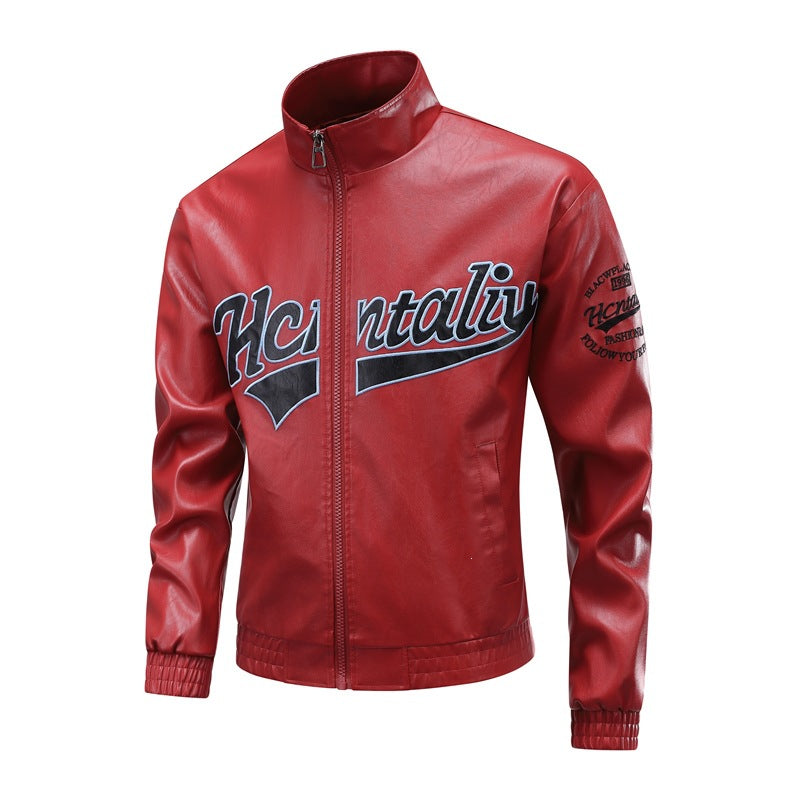 Men's Leather Look Bomber Jacket with Stand Collar, Logo Embroidery & Front Zip Mune Fashion