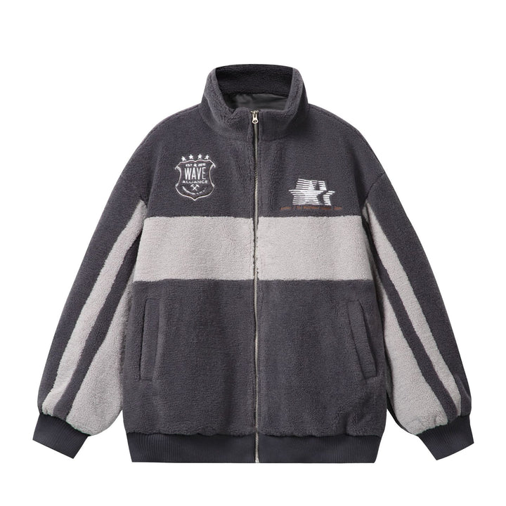 Unisex Sherpa fleece jacket in boxy cut with stand-up collar, block stripes and embroidery details Mune Fashion