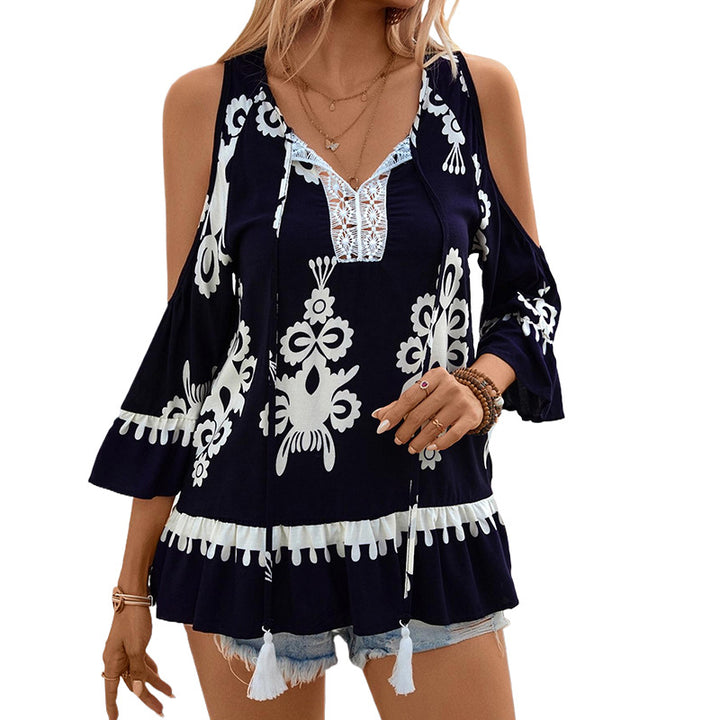 Women Elegant Blouse with Ruffles and Floral Pattern Mune Fashion