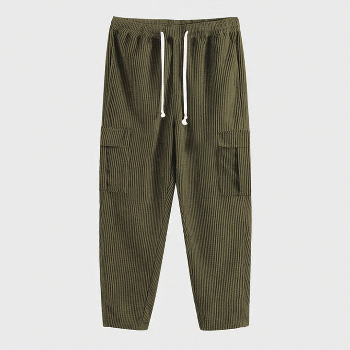 Men's corduroy cargo jogging pants with elastic drawstring waistband, flap pockets, and tapered leg Mune Fashion