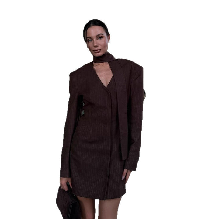 Women Pinstripe tailored blazer dress with sculpted shoulder and integrated tie collar Mune Fashion