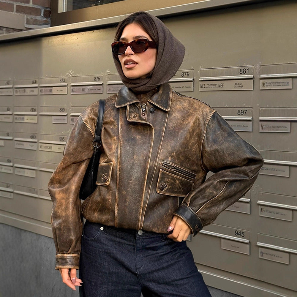 Women Vintage-inspired Oversized Leather Bomber Jacket with Used Look Mune Fashion
