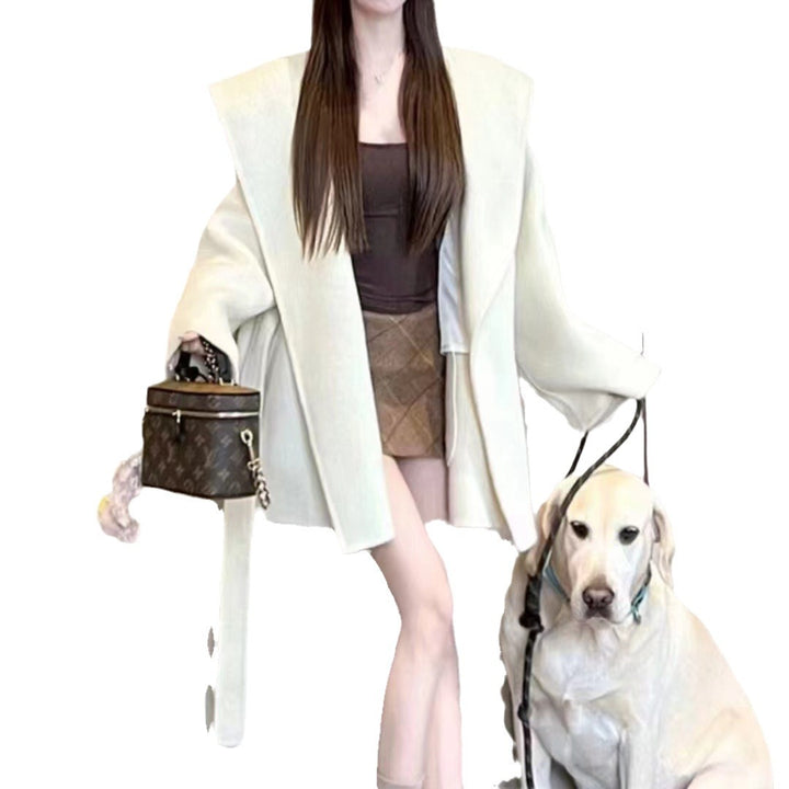 Women's Oversized Wool Coat with Hood and Waist Belt Mune Fashion