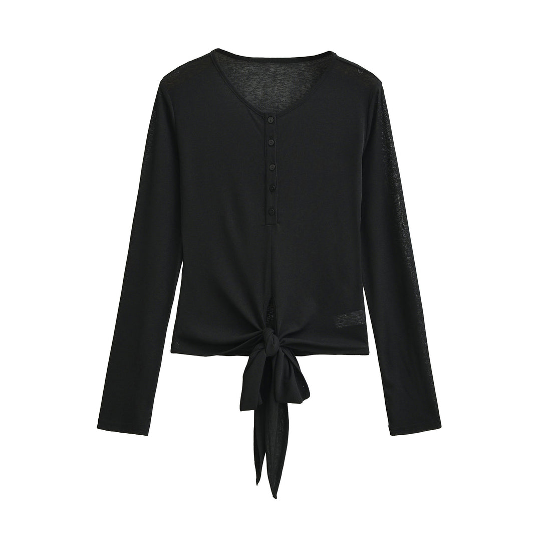 Women’s Long Sleeve Henley Top with Knot Front and Button Placket Mune Fashion