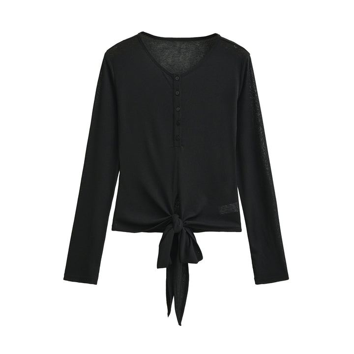 Women’s Long Sleeve Henley Top with Knot Front and Button Placket Mune Fashion