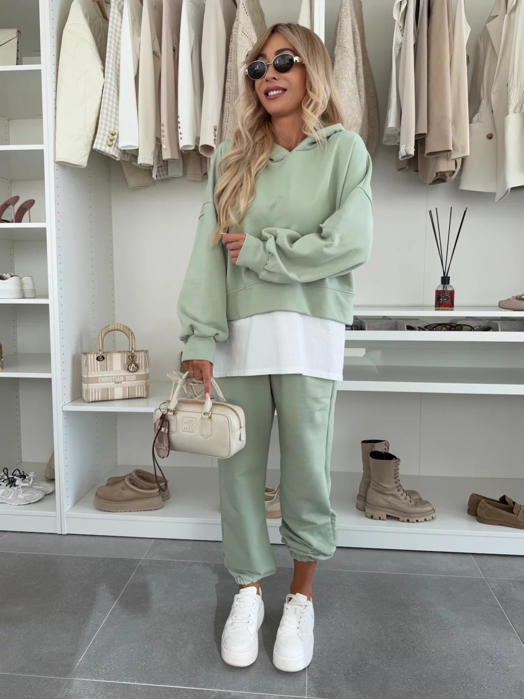 Women's Cropped Hoodie Lounge Set with asymmetrical hem, voluminous raglan sleeves and rolled joggers Mune Fashion