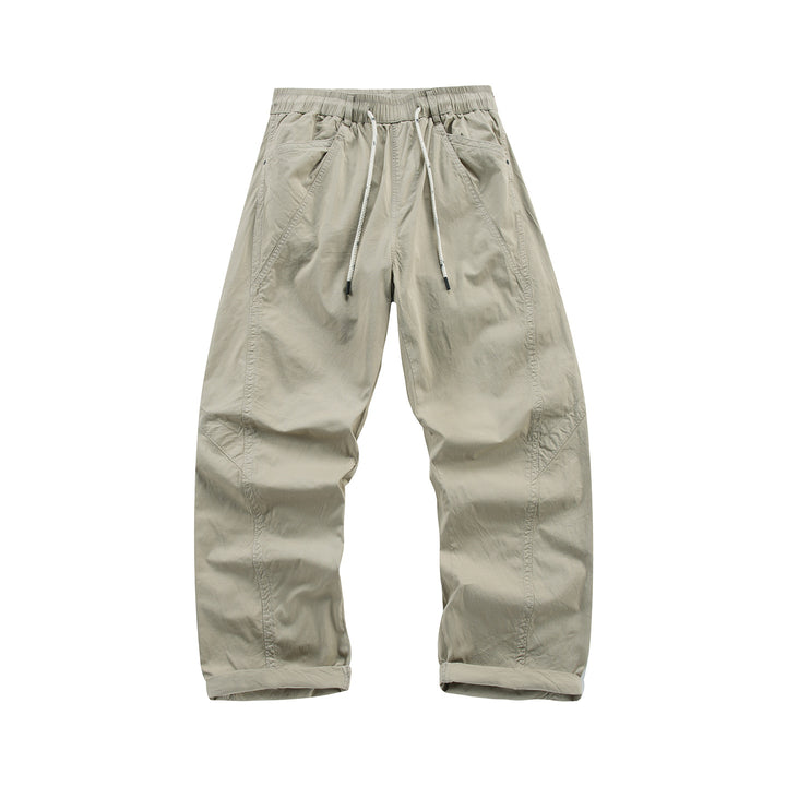 Men's Loose Fit Casual Pants with Elastic Drawstring Waistband, Diagonal Pocket Design, and Knee Panels Drune