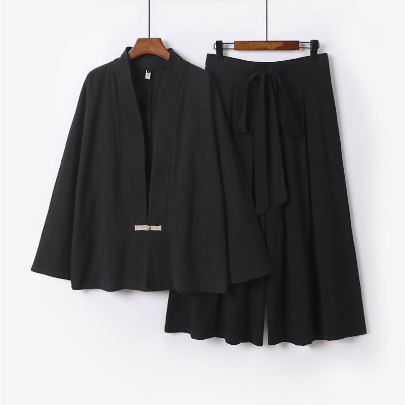 Women's Zen-inspired kimono set made of flowing viscose with short jacket and wide culotte pants Mune Fashion