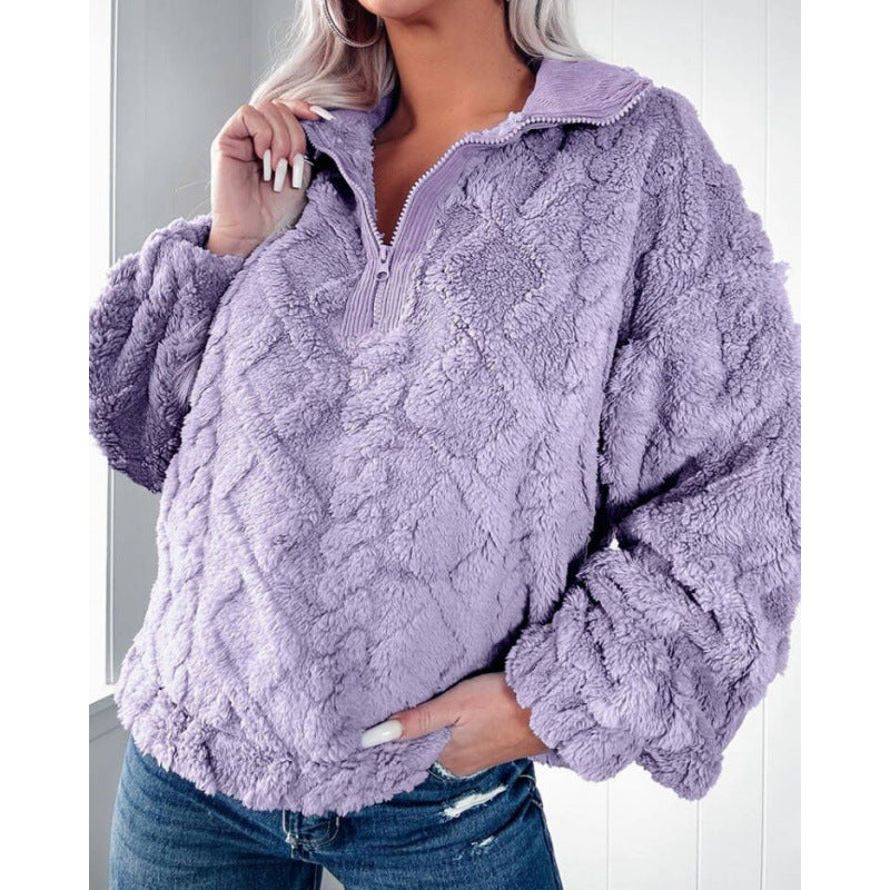 Ladies plush sweater in teddy look with half zipper and structured diamond pattern Mune Fashion