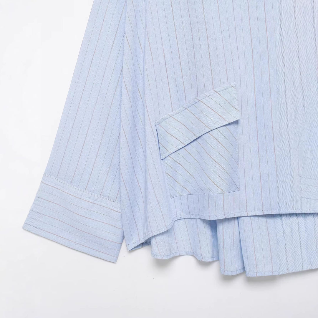 Women Oversize Shirt Blouse with Stand-Up Collar, Asymmetrical Button Placket and High Hem Mune Fashion