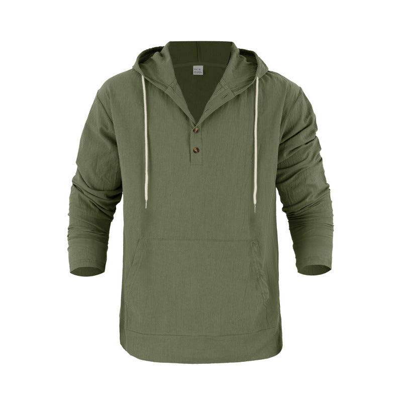 Men's linen look Henley hoodie with button placket and kangaroo pocket Mune Fashion