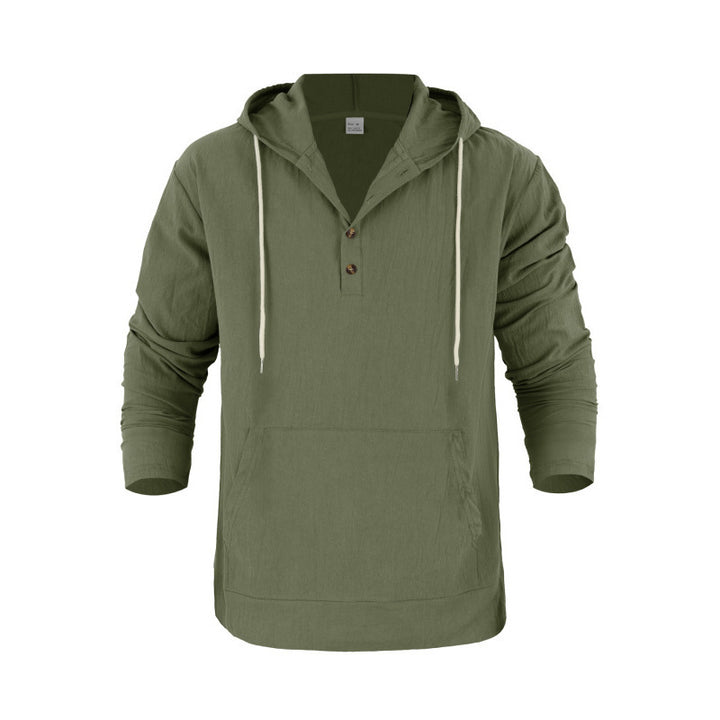 Men's linen look Henley hoodie with button placket and kangaroo pocket Mune Fashion