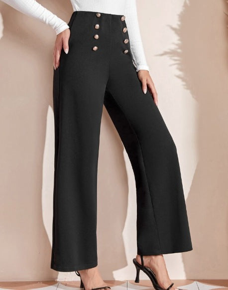 Women’s high-waisted trousers with wide leg, maritime-inspired decorative buttons Mune Fashion