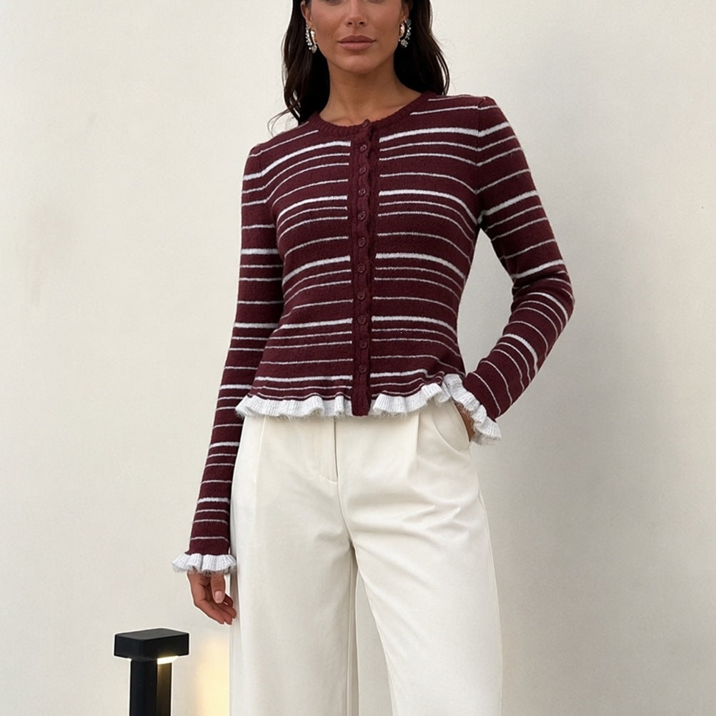 Women's fine knit button cardigan with stripes, ruffle trim & tailored fit Mune Fashion